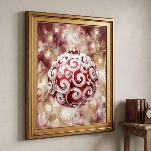 Framed Canvas Wall Art Expressive Painterly Red Glass Ornament Red and White Snow Swirls Canvas Print Poster Gold Frame Wall Decor for Living Room Holiday Decor, Christmas Spirit - Inch 24x36