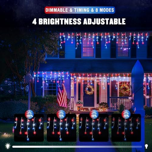 JMEXSUSS Icicle Lights for 4th of July Decor, 400 LED Red White and Blue