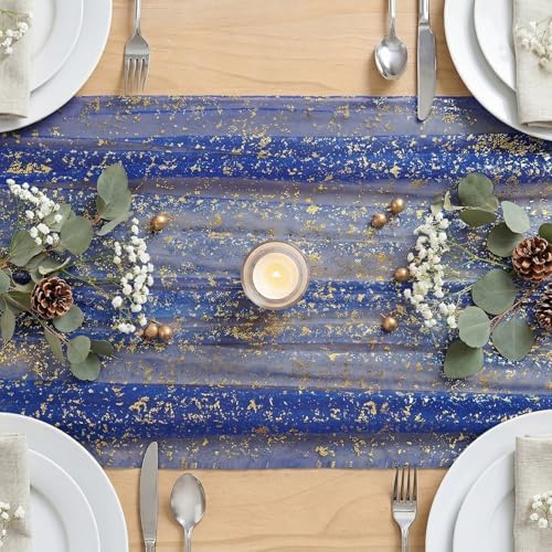 Artoid Mode Blue Gold Gauze Table Runner 59x120 Inch 10FT, Glitter Metallic Foil Sheer Dining Wedding Anniversary Holiday Table Decor for Home Party