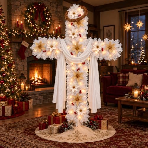 6.2ft Religious Christmas Cross Tree with Light & Scarf