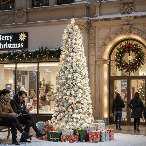 SHareconn 8ft Prelit Snow Flocked Artificial Slim Pencil Christmas Tree