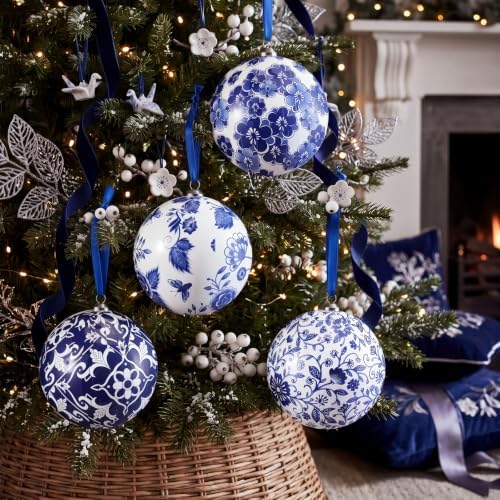 RoundFunny 4 Pcs Chinoiserie Christmas Ornaments 6 Inch Large Blue White Ball Ornaments with Ribbon Foam Porcelain Chinoiserie Christmas Decorations for Home Xmas Tree Party Decor, Not Porcelain