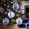 RoundFunny 4 Pcs Chinoiserie Christmas Ornaments 6 Inch Large Blue White Ball Ornaments with Ribbon Foam Porcelain Chinoiserie Christmas Decorations for Home Xmas Tree Party Decor, Not Porcelain