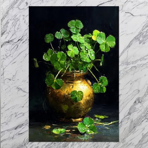 JDBeehpy Irish Clover Painting Green Festival (Unframed, Canvas Only) Mural Modern Minimalist Gold Jar St. Patrick Classic Holiday Gift Home Living Room Picture Decoration 08x12inch(20x30cm)