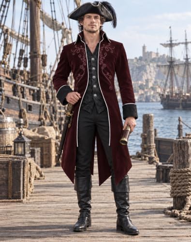 SIAEAMRG Mens Renaissance Pirate Halloween Costume Vampire Jackets Tailcoat