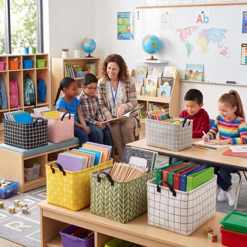 CHENGU 6 Pack Storage Baskets with Handle Back to School Foldable Baskets for Shelves Classroom Plaid & Geometric Storage Bin Large Collapsible Canvas Bin for Closet Nursery Home Organization 6 Colors