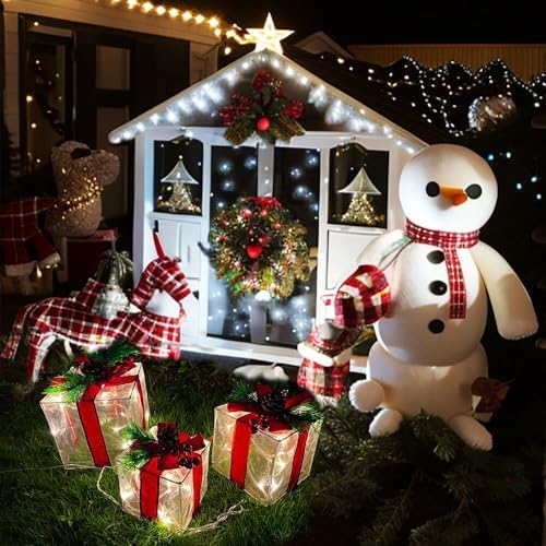 Christmas Decorations Indoor, Lauzior Set of 3 Christmas Lighted Gift Boxes 60 LED Light Up Xmas Present Ornament for Tree Indoor Outdoor Yard Holiday Door Decor- Small, Warm White Xmas Lights