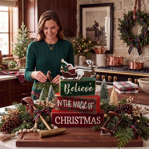 Moucuny 4 Pcs Tartan Plaid Christmas Table Decor, Santa Sleigh Wooden Signs