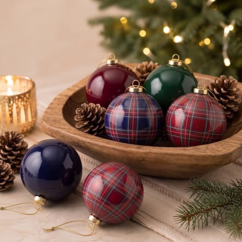 6 Pcs Plaid Christmas Ball Ornaments 4 Inch Green Blue Burgundy Balls