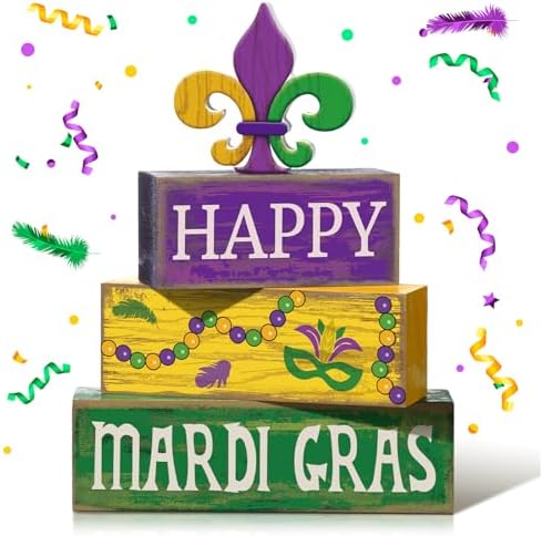 Moucuny 4 Pcs Mardi Gras Wooden Block Signs Tiered Tray Farmhouse Table