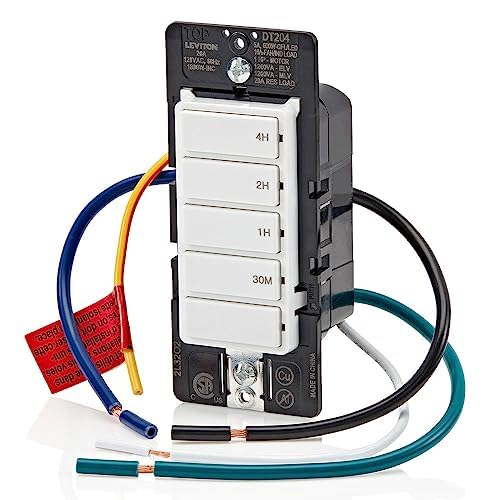 Leviton Countdown Switch for lights, attic, heaters, pool pumps, 30 min, 1-2-4 hour, Neutral Wire Required, 20A, 1 HP/16A Fan/Motor, Single Pole, Multi-Way or Multi-Timer, DT204-1LW, White