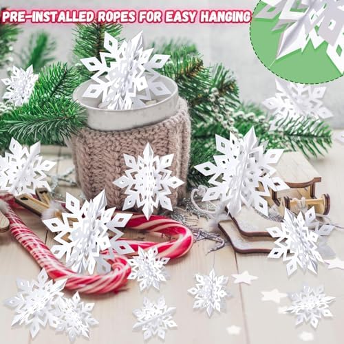 Snowflake Decorations, Paper Christmas Hanging Decor Indoor, White, 24-Pc