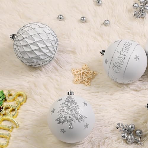 SHareconn 100MM/4 Inch 9PCS Large Christmas Balls Ornaments, White & Silver