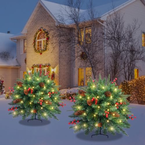 Christmas Tree Urn Filler, Battery Operated with Timer, Pre-lit Warm White & Multi-Color Changing LED Lights, Artificial Xmas Tree for Porch, Pathway, Yard, Outdoor Holiday Decoration (2, Green)