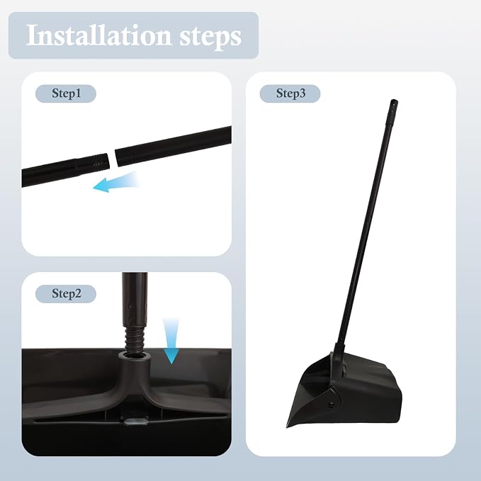 3-Pack Commercial Upright Dust Pan with Long Handle and Wheels – Heavy Duty Large Dust Pans for Indoor/Outdoor Use, Janitorial or House Cleaning Tools, Black Standing Dustpan