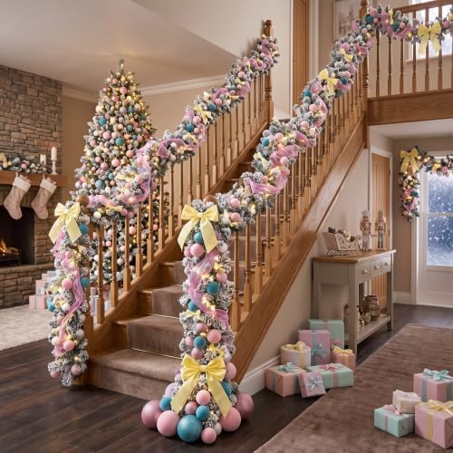 Riceshoot 6 ft Pastel Macaron Christmas Garland LED Lights Frosted Pine
