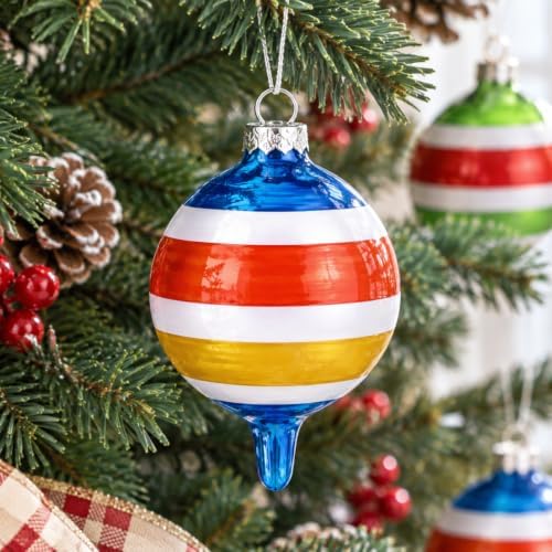 Soulchen 10 Pcs Vintage Glass Christmas Ornaments, Stripes, Festive
