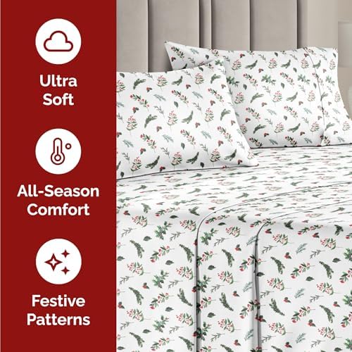 Christmas Sheet Set, Mistletoe, Holiday Xmas Bedding Set - Split King Size