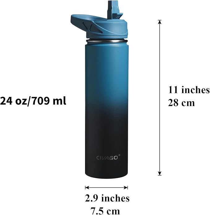 CIVAGO 24 oz Insulated Water Bottle With Straw, Stainless Steel Sports Water Flask Cup with 3 Lids (Straw, Spout and Handle Lid), Double Walled Travel Thermal Canteen Mug, Dark Night