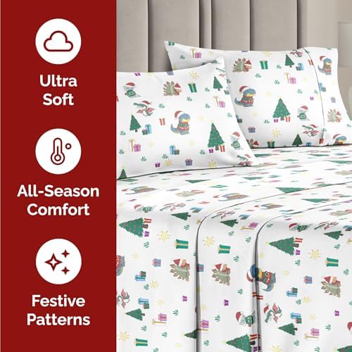 Christmas Sheet Set, Christmas Dinos, Holiday Xmas Bedding Set - Full Size