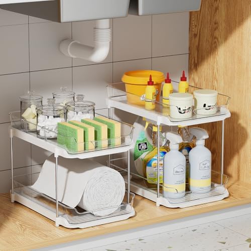 Delamu 4 Pack 2-Tier Bathroom Under Sink Organizers and Storage, Multi-Purpose Stackable Pantry Organization and Storage, Pull Out Clear Kitchen Bathroom Cabinet Organizer with Movable Dividers, White
