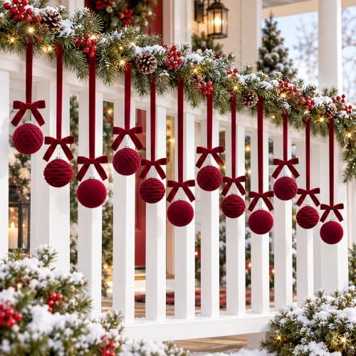 16 Sets Burgundy Velvet Christmas Ball Ornaments with Bow Ribbon, 35" Long