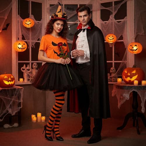 Maiteenly Halloween 4pcs Costume Set Pumpkin T Shirt Bat Headband Striped Tights Tutu Ballet Skirt for Women Halloween Party