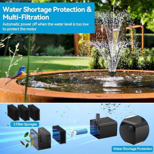 POPOSOAP 8W Solar Fountain Pump with Built-in 3600mAh Battery, Solar Powered Bird Bath Fountain with Dry-run Protection & Double-layer Nozzles 5Ft Tubing for Pond, Bird Bath, Backyard Water Feature