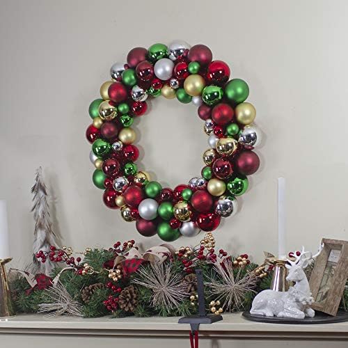 2-Finish Shatterproof Ornaments and Tinsel Christmas Wreath - 24" - Multicolor - Unlit