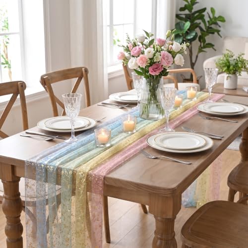 Artoid Mode 2-Pack Gold Gauze Table Runner 120 Inch 10FT, Rainbow Glitter Metallic Foil Sheer Dining Wedding Anniversary Holiday Birthday Table Decor for Home Party