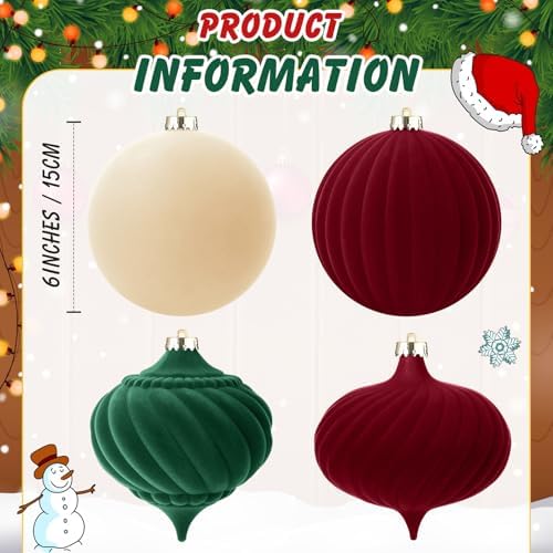 Civaner 4 Pcs Large Velvet Christmas Ball,6 Inch,Beige,Burgundy,Green