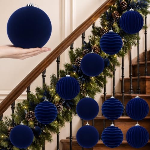 Hollowfly 6 pcs 6 Inch Navy Blue Large Velvet Christmas Balls Ornaments