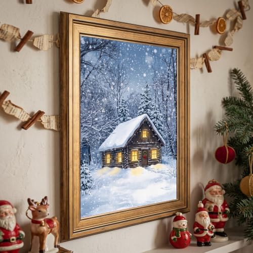 Framed Snowy Cabin Canvas Print Gold Frame Wall Art Inch 24x36