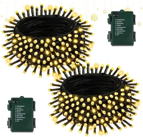 2 Pack 100 LED Battery Operated Christmas Lights, 8 Modes String Lights