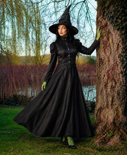 Witch Costume for Women Halloween Adult Black Witch Dress Set with Hat Green Gloves Tights for Costume Party Cosplay