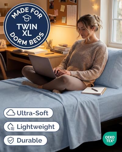 Twin XL Size 3 Piece Sheet Set - Breathable & Cooling - Heathered Blue