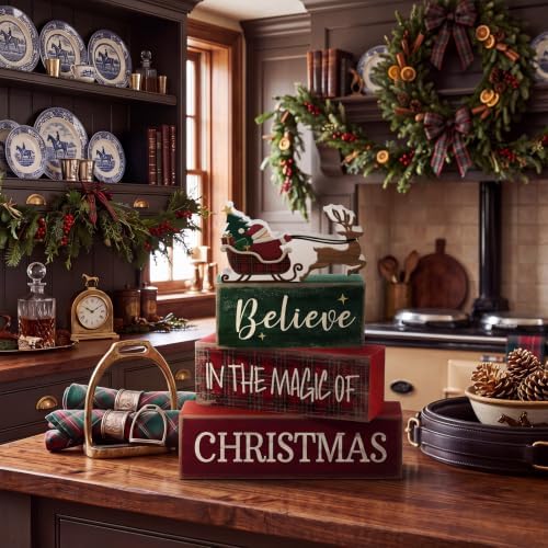 Moucuny 4 Pcs Tartan Plaid Christmas Table Decor, Santa Sleigh Wooden Signs