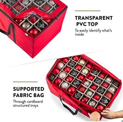 ZOBER Christmas Ornament Storage Box - Stores 200 3" Ornaments with Individual Trays - Tear Proof 600D Oxford Fabric - ornament organizer storage box (Red, 200-3" Ornaments)