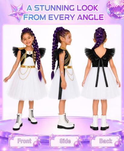 Halloween Costume Girls Pop Singer Costume Kids Cosplay Outfit Dress with Purple Braid Tattoo for Birthday Party
