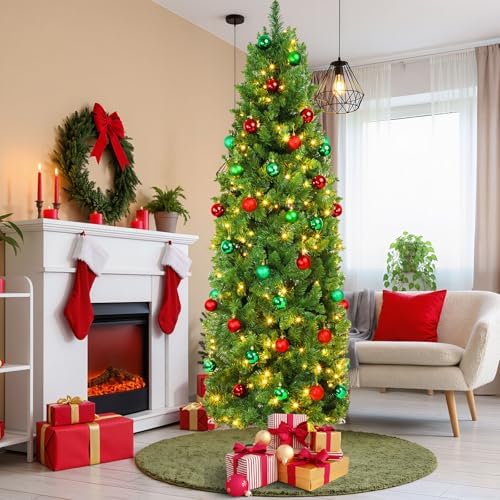 41 Pcs 7 Ft Artificial Slim Christmas Tree with 250 LED Warm White String Lights 40 Red Green Ball Ornaments Skinny Thin Pencil Tree with Metal Stand for Home Xmas Holiday Party Decoration