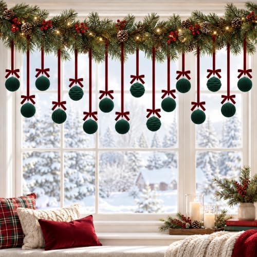 16 Sets Green Velvet Christmas Ball Ornaments with Bow Ribbon, 35" Long