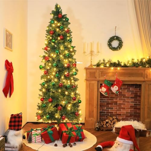 31 Pcs 6 Ft Artificial Slim Christmas Tree with 200 LED Warm White String Lights 30 Red Green Ball Ornaments Skinny Thin Pencil Tree with Metal Stand for Home Xmas Holiday Party Decoration