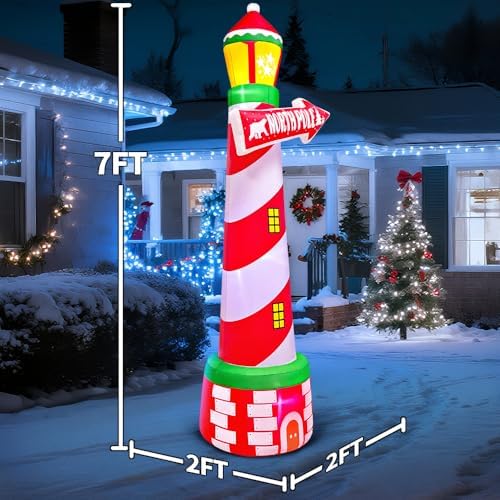 KOOY 7FT Inflatable Christmas Decorations, Christmas Blow Ups Yard Decorations with LED Light Up,Inflatable Lighthouse, Inflatable Outdoor Decoration for Xmas Yard Decor