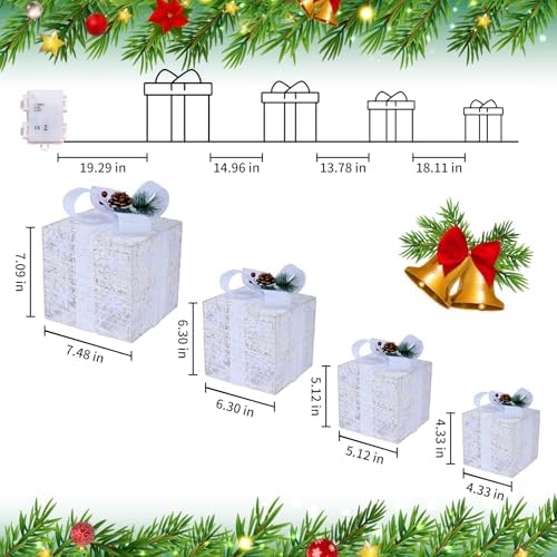 Set of 4 Christmas Lighted Gift Boxes, White Snowflake Holiday Decor