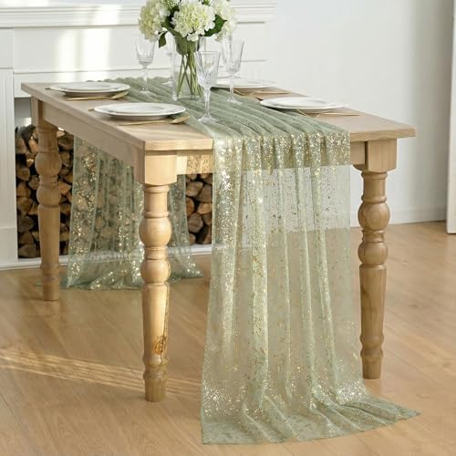 Artoid Mode Sage Green Gold Gauze Table Runner 59x120 Inch 10FT, Glitter Metallic Foil Sheer Dining Wedding Anniversary Holiday Birthday Table Decor for Home Party