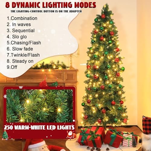 41 Pcs 7 Ft Artificial Slim Christmas Tree with 250 LED Warm White String Lights 40 Red Green Ball Ornaments Skinny Thin Pencil Tree with Metal Stand for Home Xmas Holiday Party Decoration