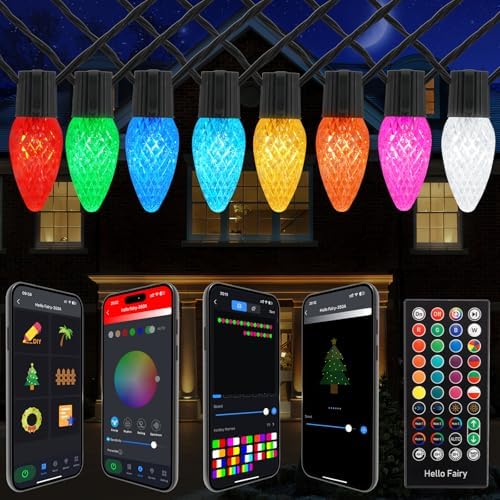 Gemce Smart C9 Christmas Outdoor Lights, 66FT 100 LEDs RGB String Lights, APP/Remote Control, DIY Modes & Music Sync, Color Changing Holiday Lights for Xmas Tree, House, Party Decoration