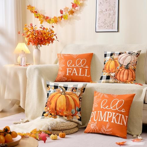 Fall Decor for Home,Fall Pillow Covers 18x18 Set of 4 Rustic Indoor Outdoor Decorations Orange Plaid Throw Pillow Covers,Hello Pumpkin Linen Autumn Cushion Case for Sofa Couch Chair Bedroom