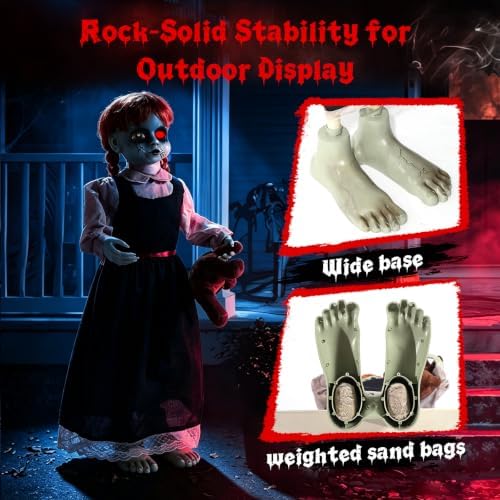 Quntis 35Inch Scary Halloween Animatronic Outdoor Decoration, Sound & Touch Activated Creepy Haunted Girl with Moving Head and Hand, Glowing Red Eye, Spooky Sounds, Weighted Base, No Assembly Required