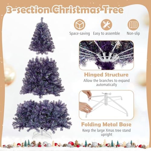 HAPPYGRILL 6 FT Pre-lit Tinsel Christmas Tree Artificial Xmas Tree with 250 LED Lights, 8 Modes, 688 Deep Purple Branch Tips, Folding Metal Stand, Seasonal Holiday Tree for Home Office Party